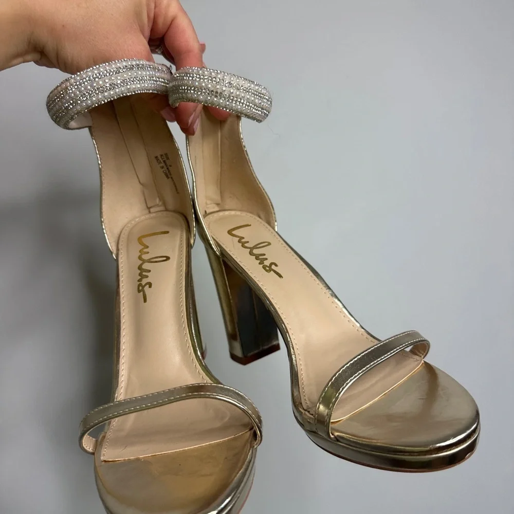 Lulus Cute Pearly Gold Metallic High Heels Block Heel - Picture 10 of 12